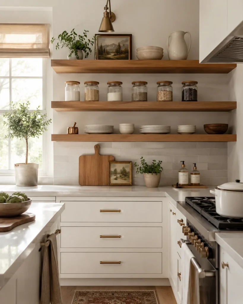 Small kitchen with natural wood floating shelves displaying dishes, mugs, and storage jars above the countertop.