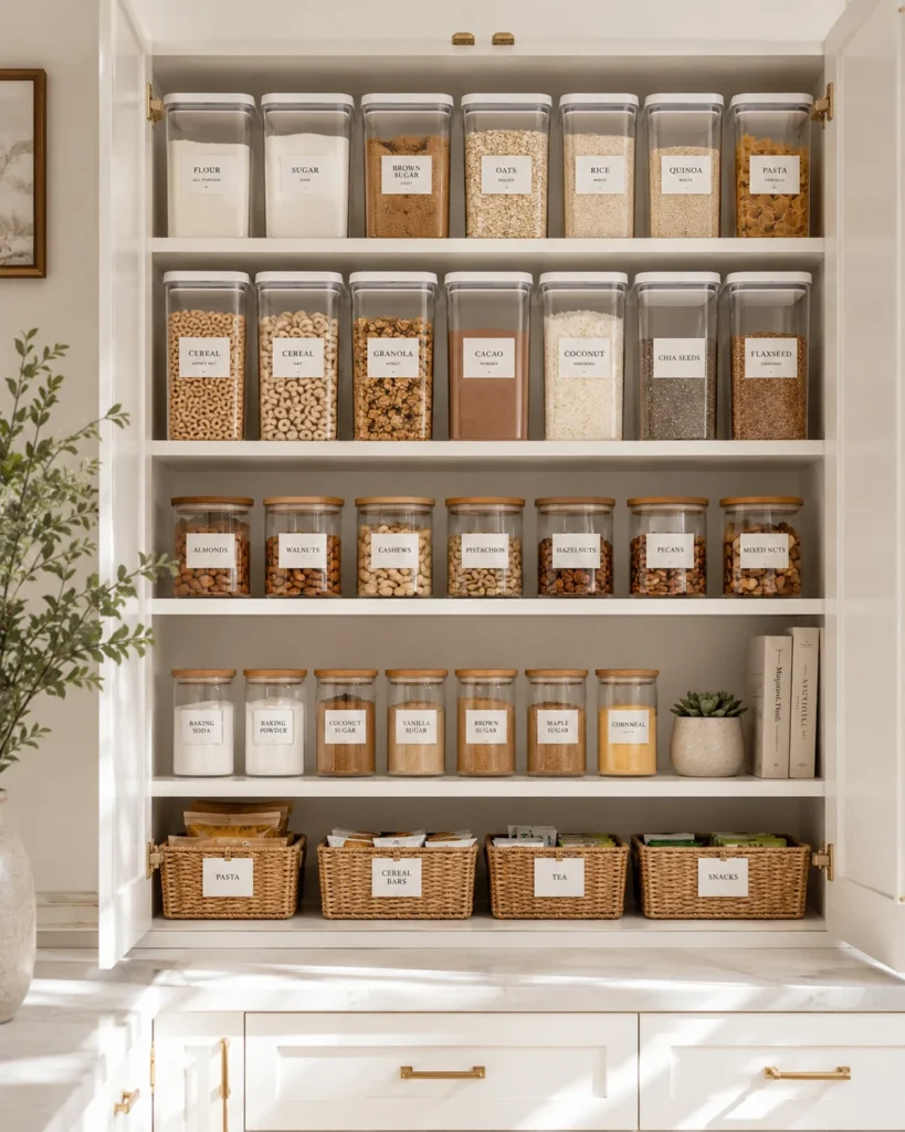Organized kitchen pantry with clear labeled containers holding cereal, pasta, rice, and baking ingredients.