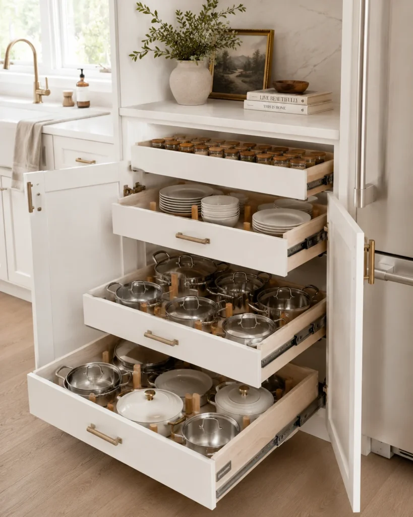 Lower kitchen cabinet with pull-out drawers organizing pots, mixing bowls, and cookware.