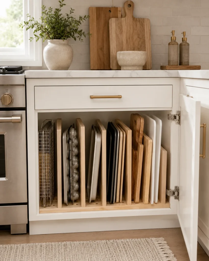 Kitchen cabinet with vertical organizers holding cutting boards, baking sheets, and serving trays.