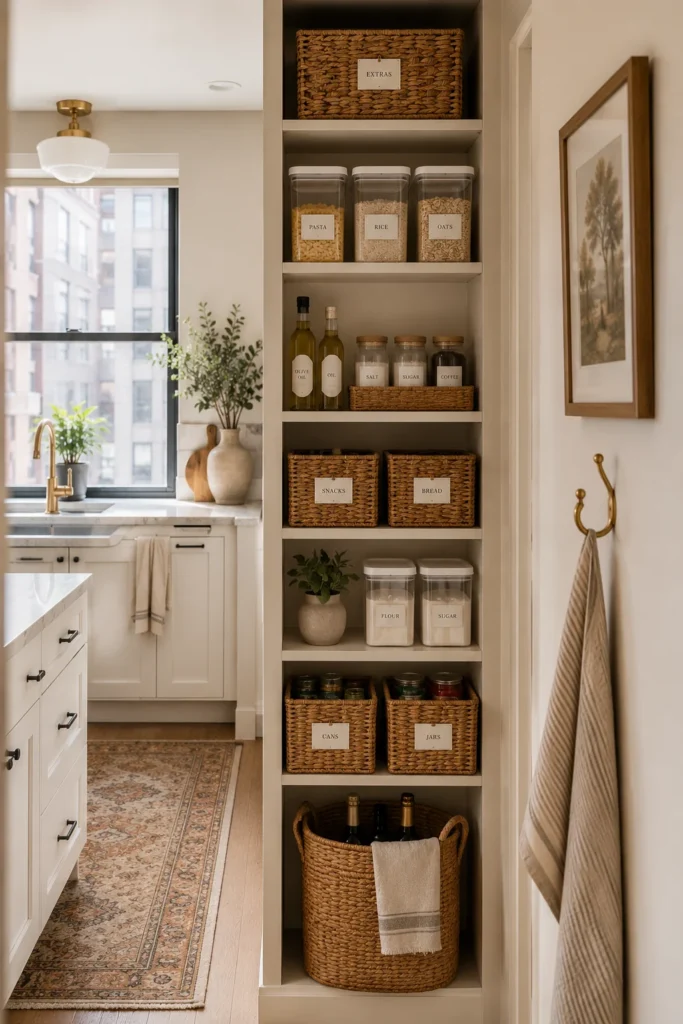 Compact kitchen pantry wall with narrow shelves, food containers, canned goods, and baskets.