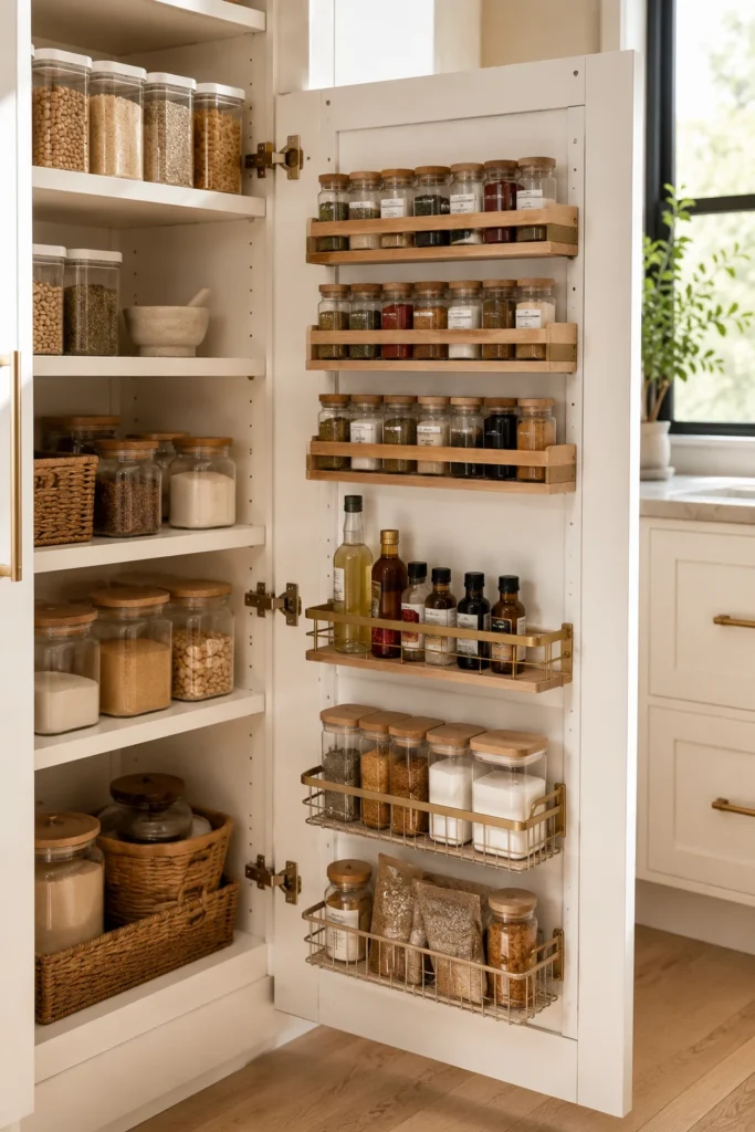 Inside of kitchen cabinet door fitted with slim organizers for spices, measuring spoons, and food wraps.