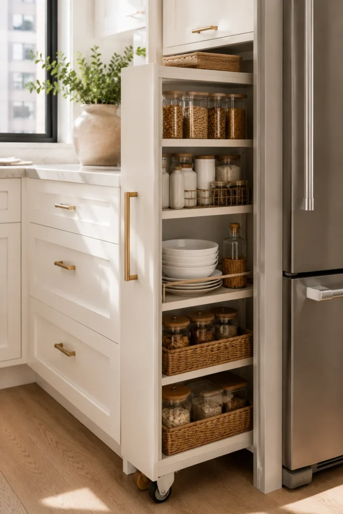 Slim rolling kitchen cart with pantry supplies and cooking essentials stored on multiple shelves.