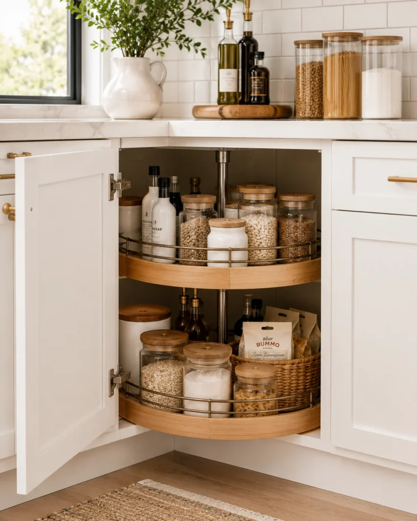 Corner kitchen cabinet with rotating lazy Susan shelves organizing cookware and pantry supplies.