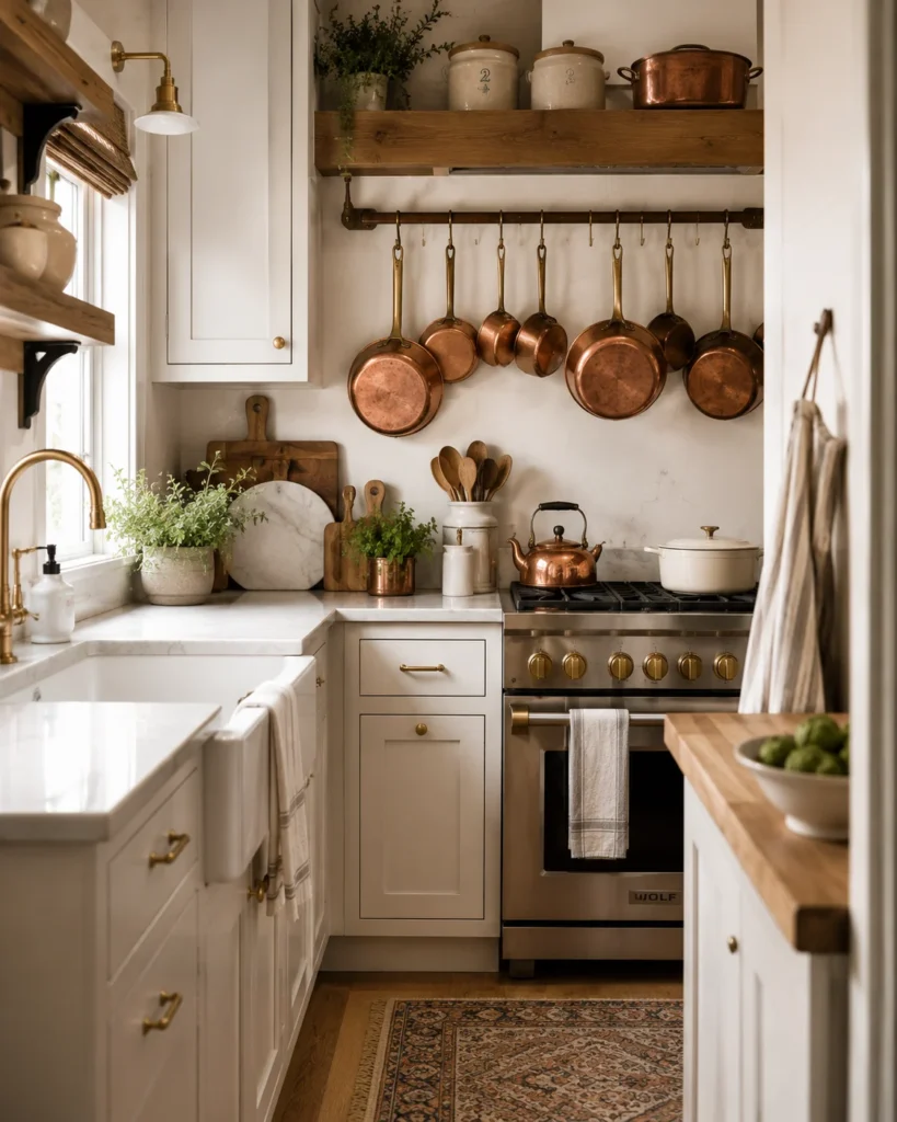 Wall-mounted kitchen pot rack with hanging pans and utensils above a clear countertop.