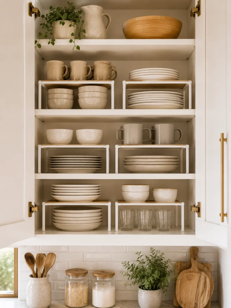 Kitchen cabinet with shelf risers separating neatly stacked plates, bowls, and mugs.