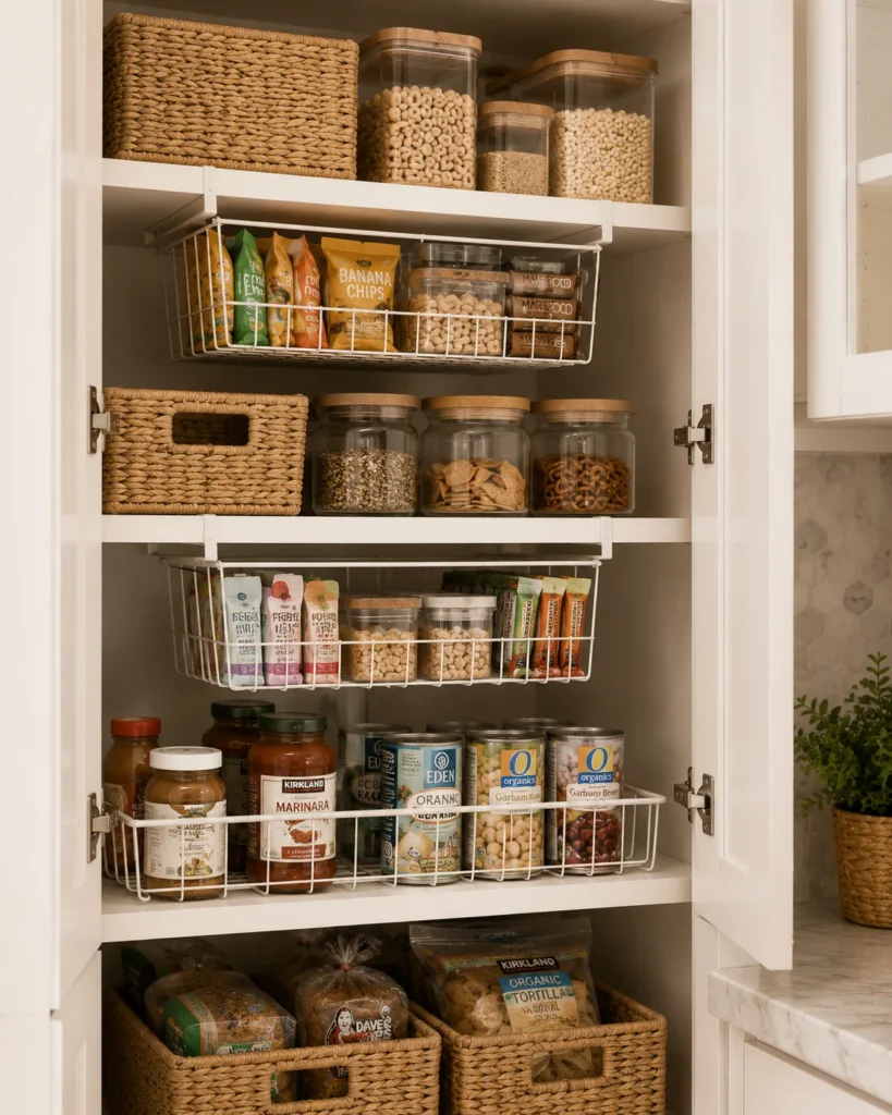 Under-shelf wire basket holding lightweight kitchen supplies beneath a pantry shelf.