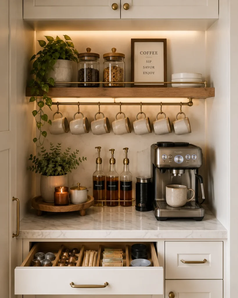 Compact kitchen coffee station with coffee maker, mugs, canisters, and organized accessories.