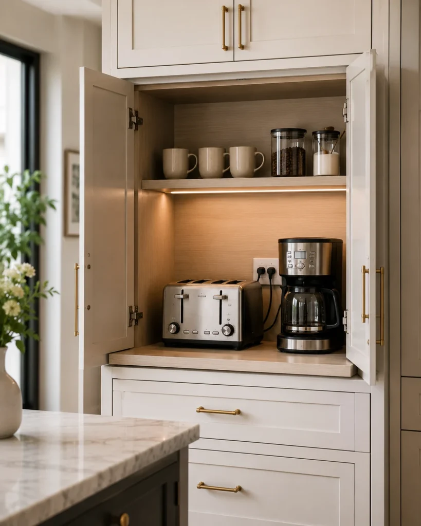 Kitchen appliance garage with enclosed storage for a blender, toaster, and other small appliances.