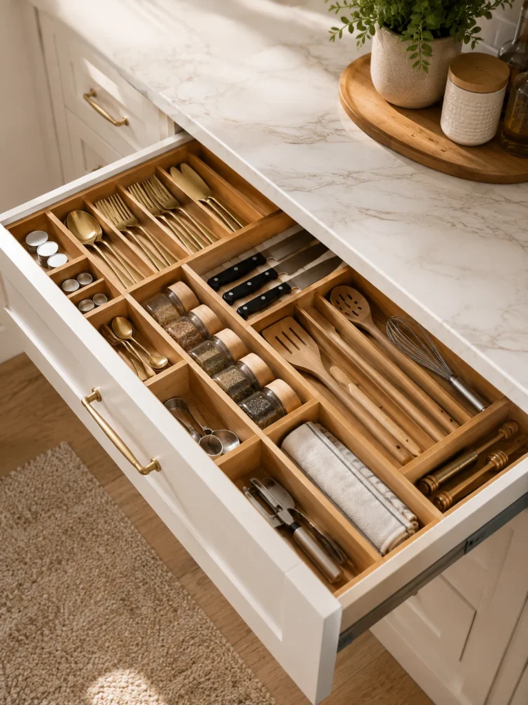 Organized kitchen drawer with adjustable dividers separating utensils and cooking tools.