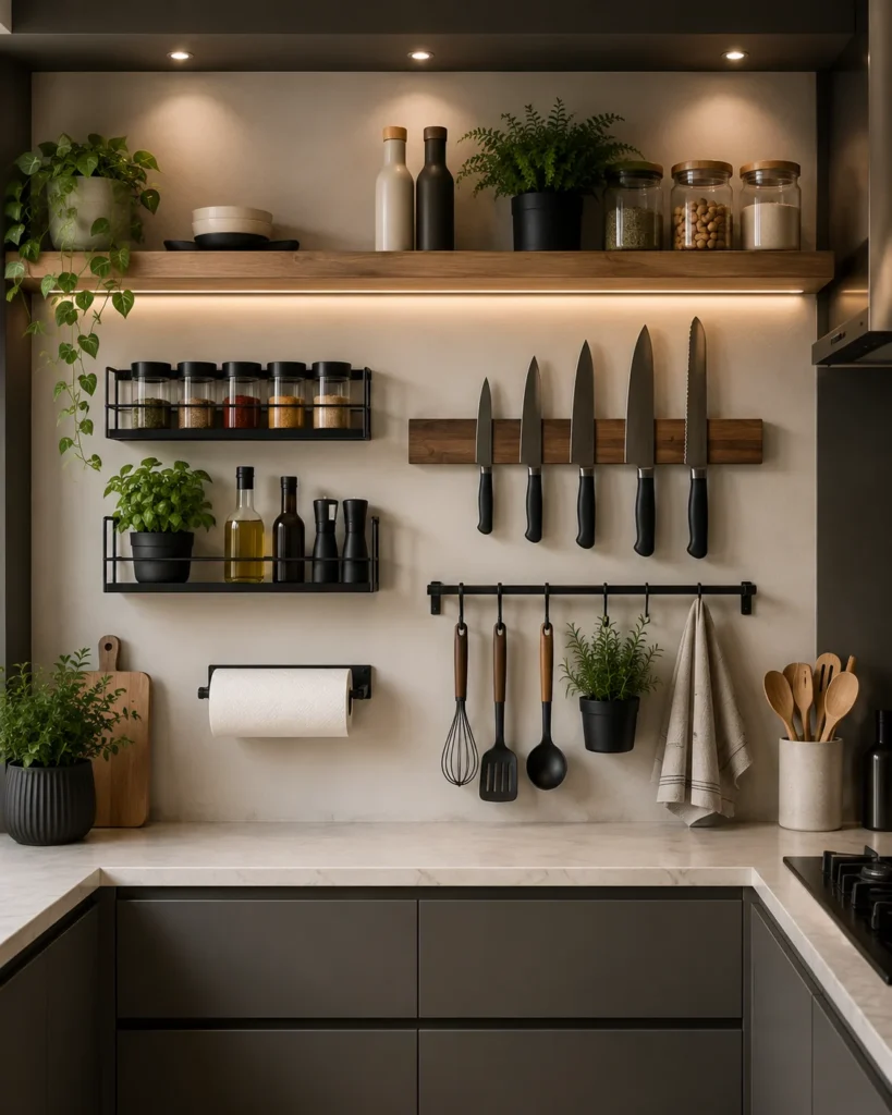 Small kitchen wall with magnetic knife strip and magnetic organizers for everyday essentials.