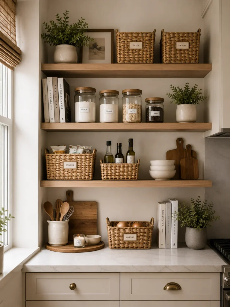 Kitchen shelving with coordinated storage baskets containing snacks, towels, and pantry supplies.