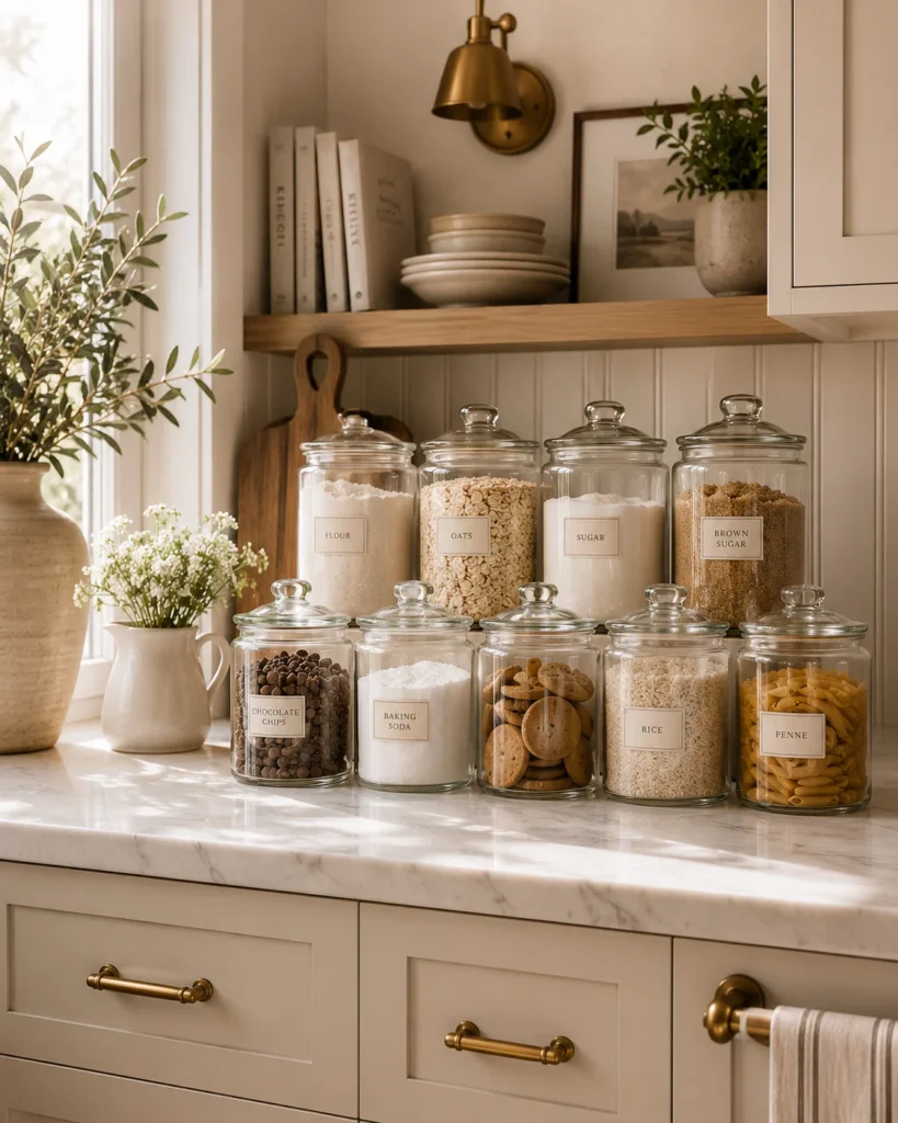 Kitchen shelf with labeled glass jars holding flour, rice, pasta, oats, and other dry ingredients.