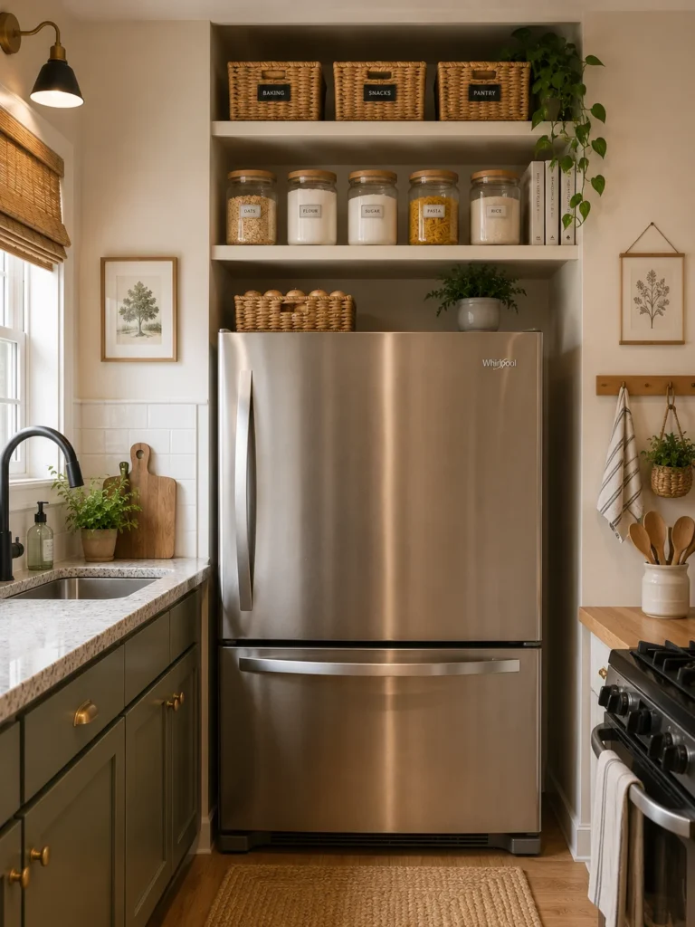 Open shelving above a refrigerator with lightweight baskets and occasional kitchen supplies.