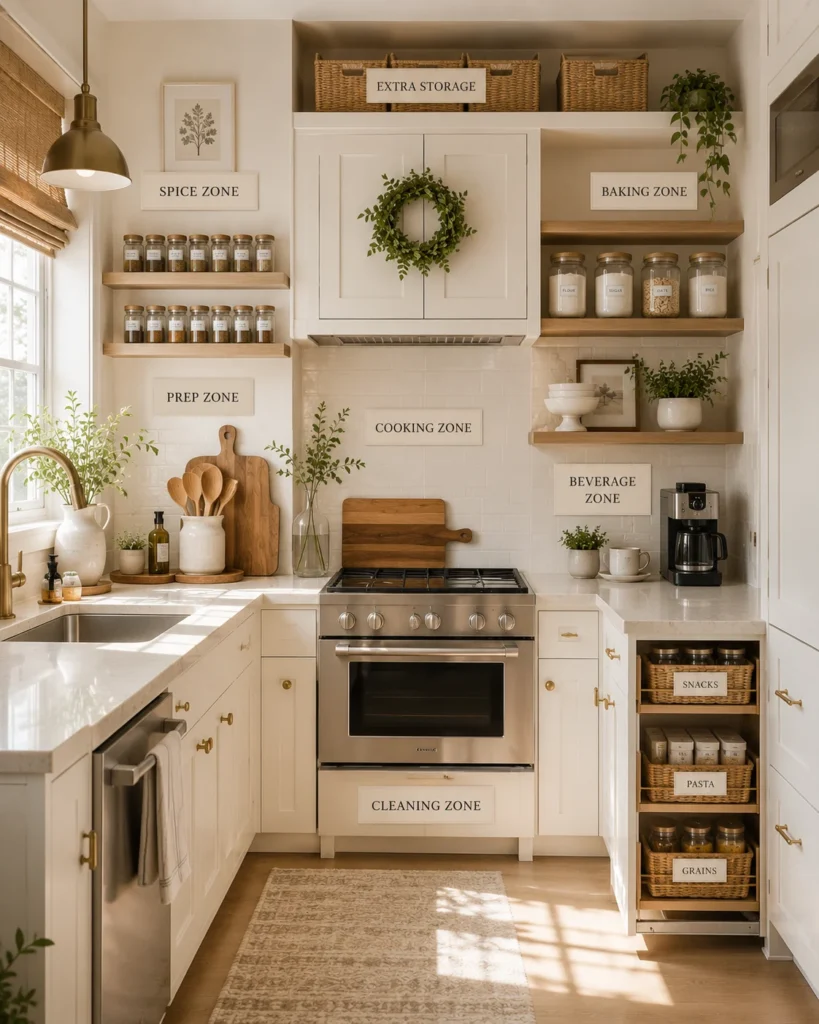 Organized small kitchen with separate storage zones for cooking, baking, breakfast, and food preparation.