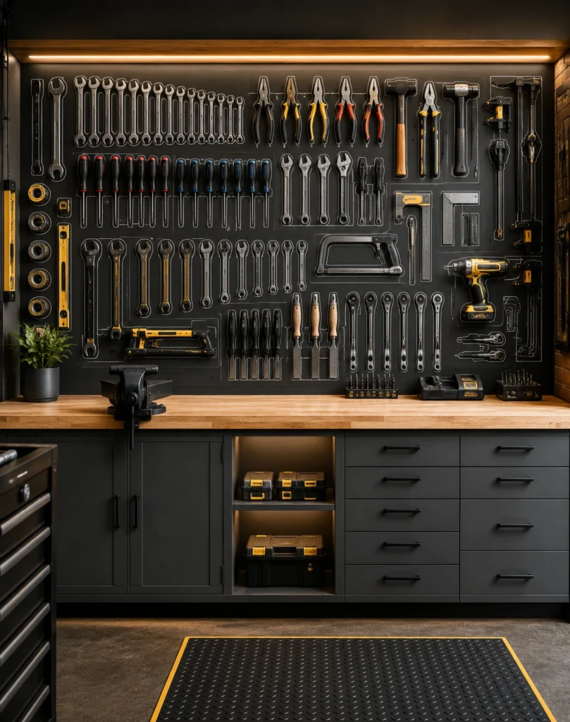 Garage tool shadow board with outlined spaces for wrenches, pliers, hammers, and other hand tools.