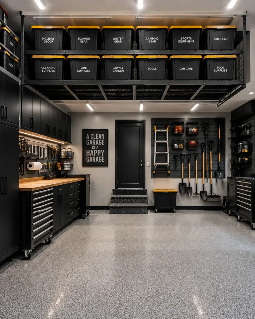 Overhead garage storage rack holding labeled seasonal storage bins above an open floor area.