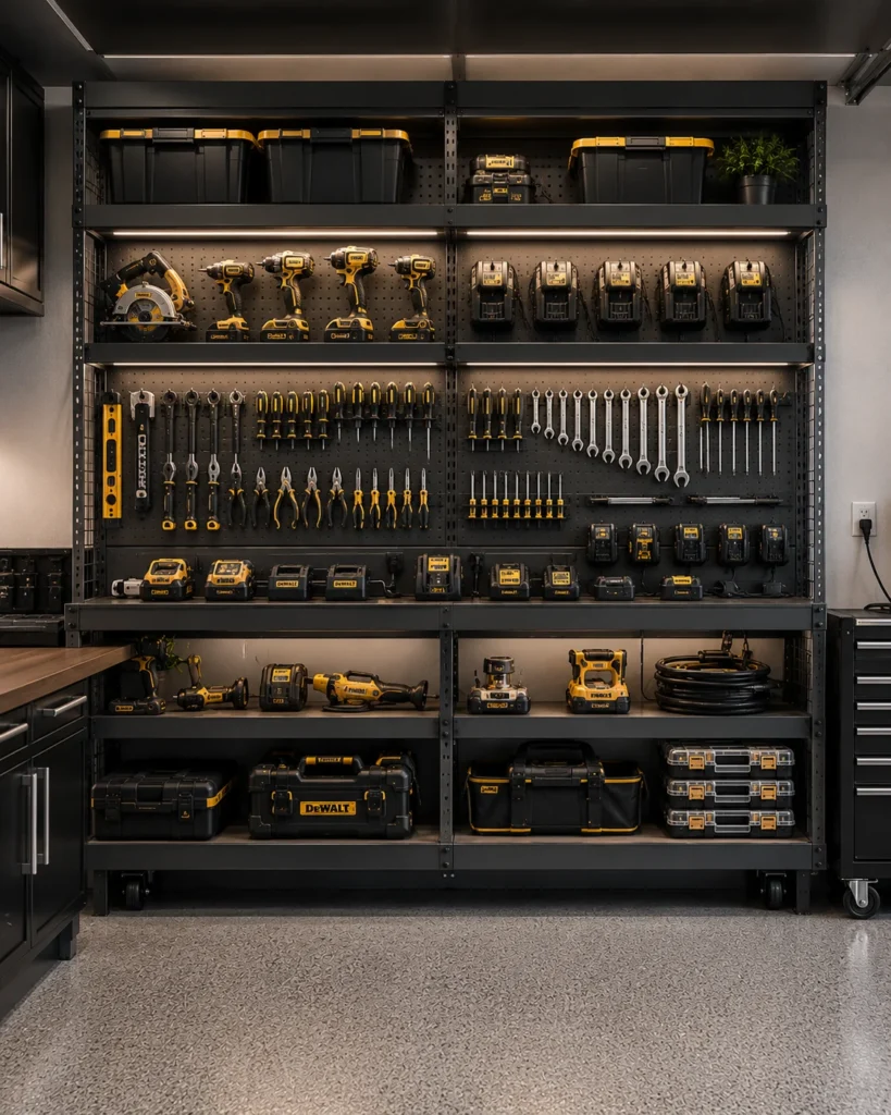 Garage shelving with cordless drills, saws, sanders, and labeled power tool accessories.