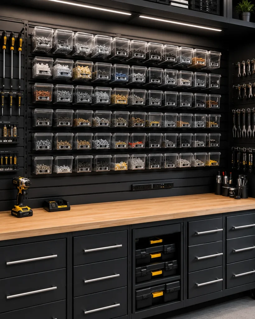 Clear compartment bins organizing screws, bolts, washers, and other small garage hardware.