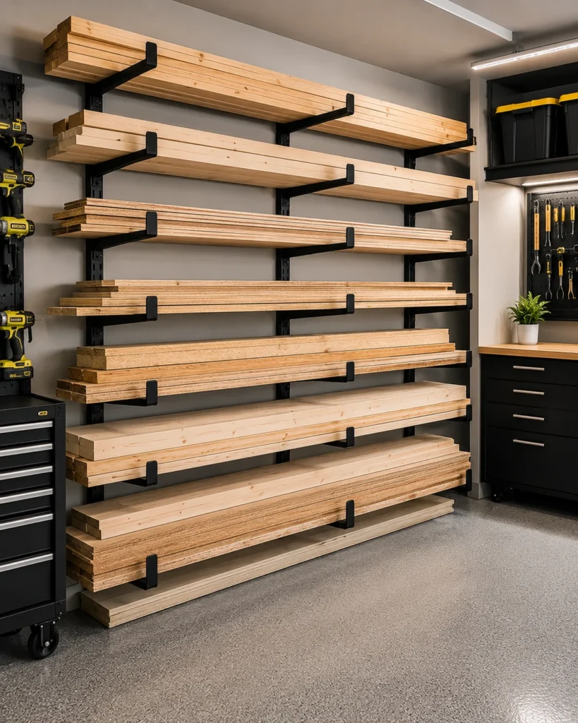 Garage lumber storage with vertical compartments for short boards and supported racks for longer wood.