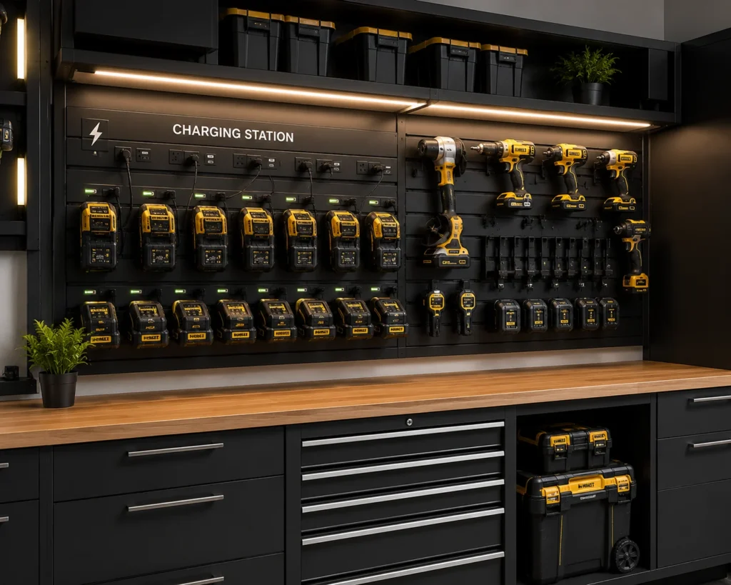 Garage tool charging station with cordless battery chargers, labeled battery positions, and organized cables.