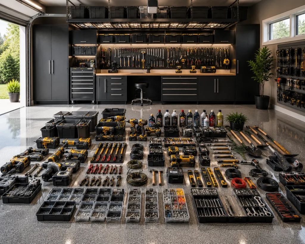 Garage tool decluttering with sorted equipment and organized workshop supplies
