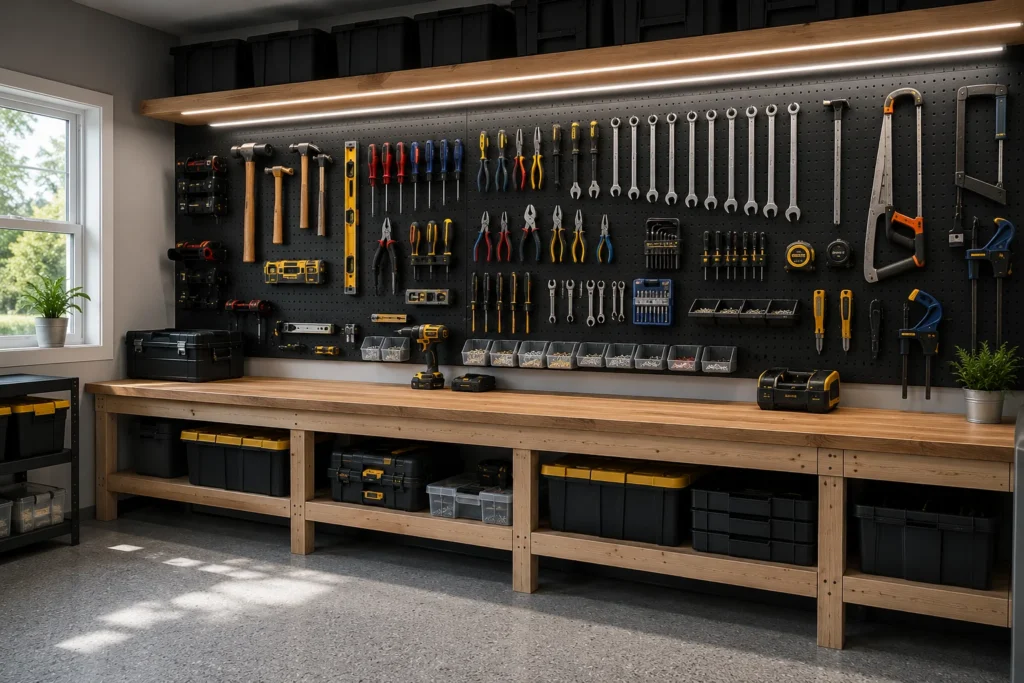 DIY garage pegboard wall organizing screwdrivers pliers and measuring tools