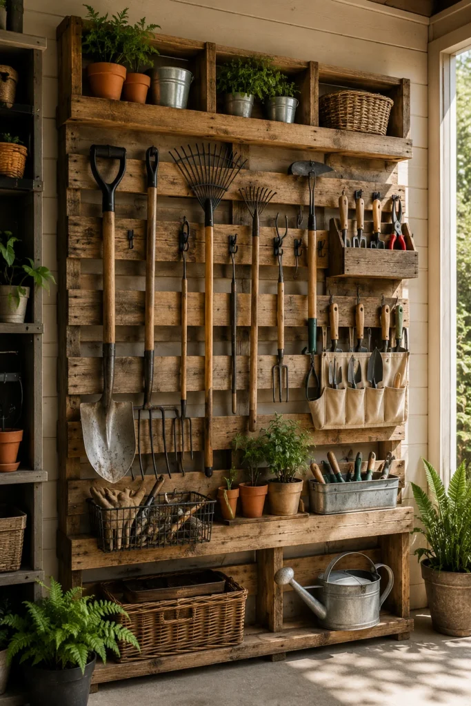 Repurposed wooden pallet used for vertical garage garden tool storage