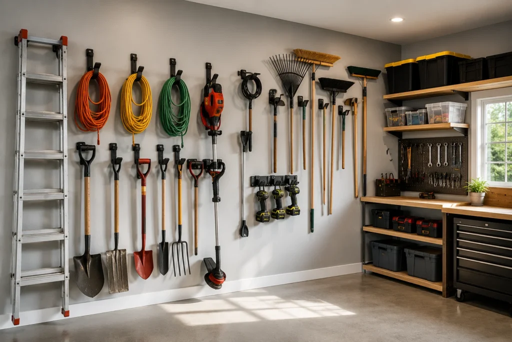 Budget garage wall hooks storing hoses extension cords and tools