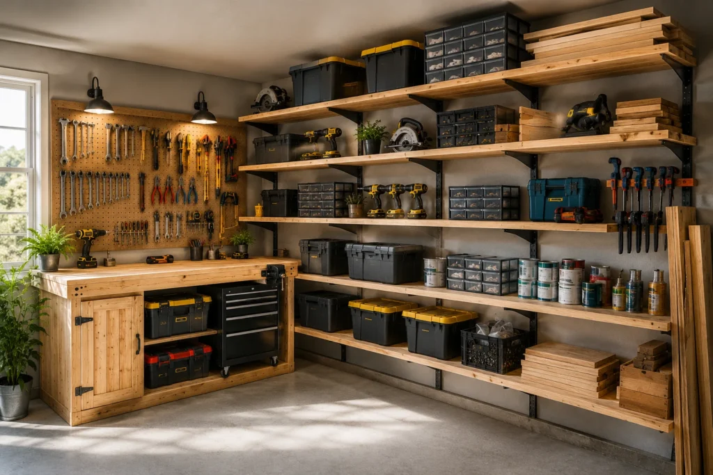 Simple DIY garage shelves storing toolboxes bins and workshop equipment