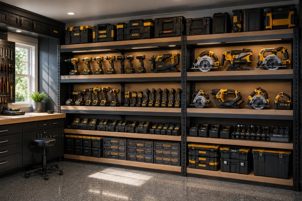 Garage power tool storage for drills saws sanders and accessories