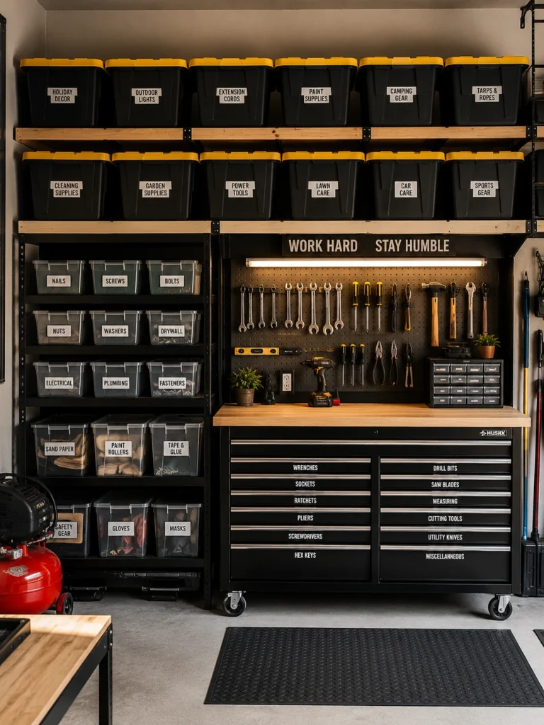Labeled garage storage bins drawers and shelves for organized tools