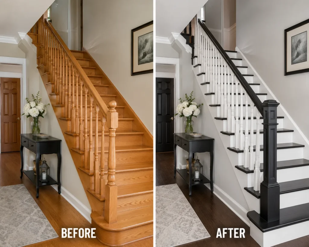 Honey oak staircase refreshed with a black handrail, white spindles, and warm greige walls.