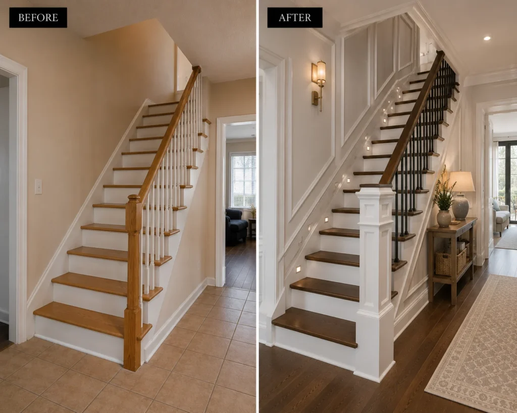 Traditional staircase refreshed with coordinated white trim, wall molding, and clean architectural details.