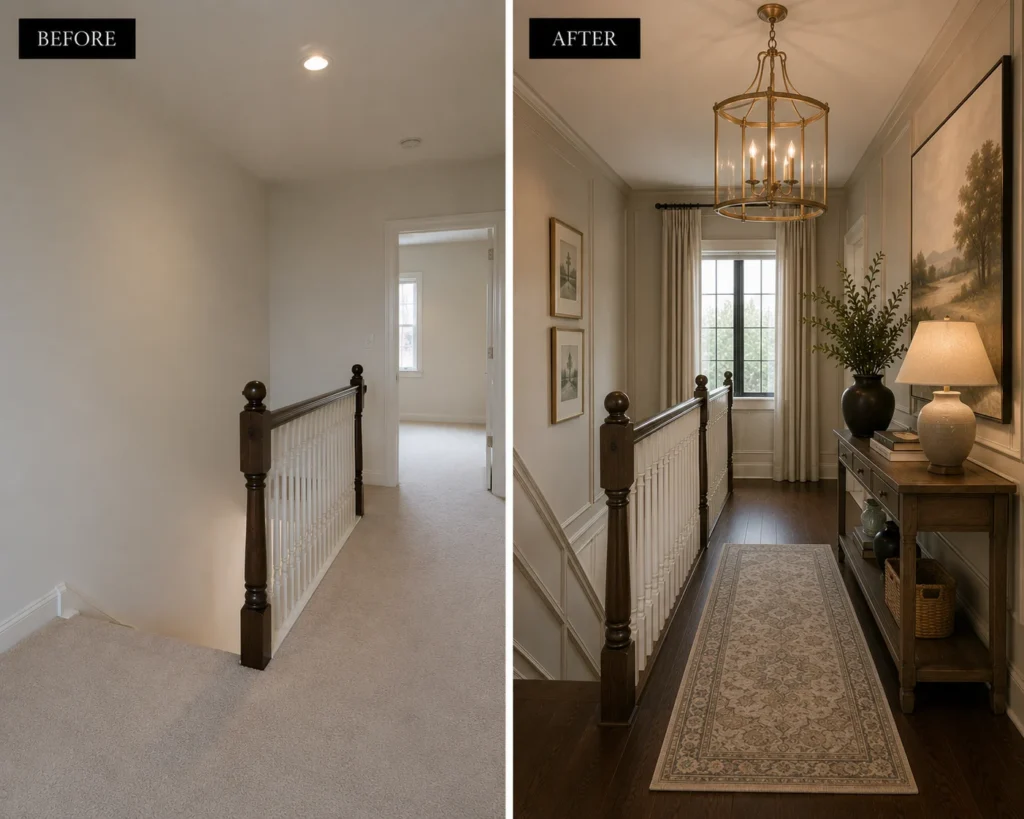 Upper staircase landing with framed artwork, a large mirror, and coordinated hallway lighting.