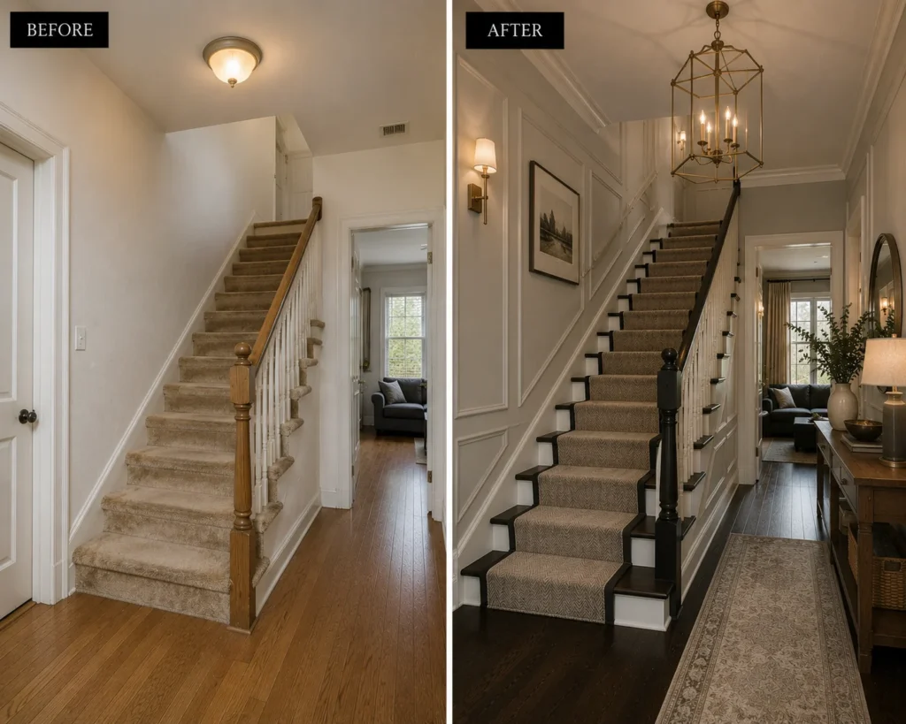 Elegant hotel-inspired staircase with a tailored runner, rich wood treads, wall molding, and warm lighting.