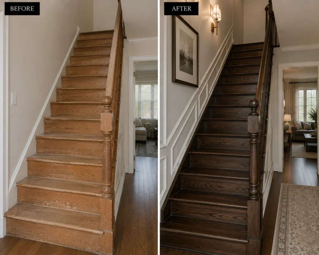 Refinished wooden staircase with rich walnut-toned treads, cream trim, and warm neutral walls.