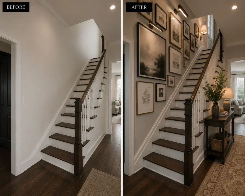 Staircase gallery wall with coordinated frames displaying family photographs and artwork.