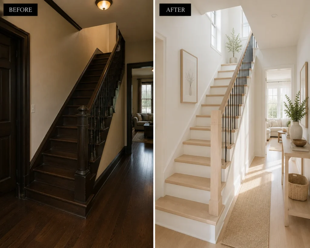 Bright Scandinavian staircase with pale oak treads, warm white walls, and minimal decorative details.