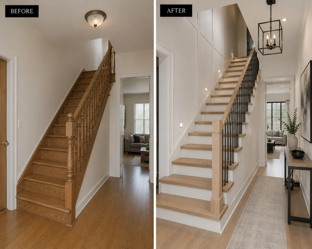 Traditional staircase updated with slim black metal balusters and freshly painted white trim.