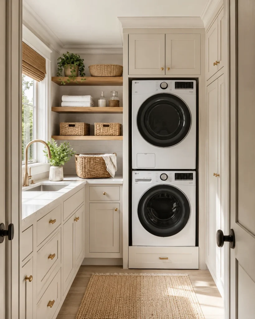 Built-in laundry cabinet wall with stacked washer and dryer, tall storage cabinets, and organized shelves.