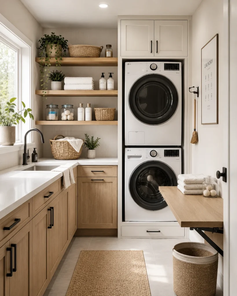 Small laundry room with stacked washer and dryer beside a practical folding bench and countertop.