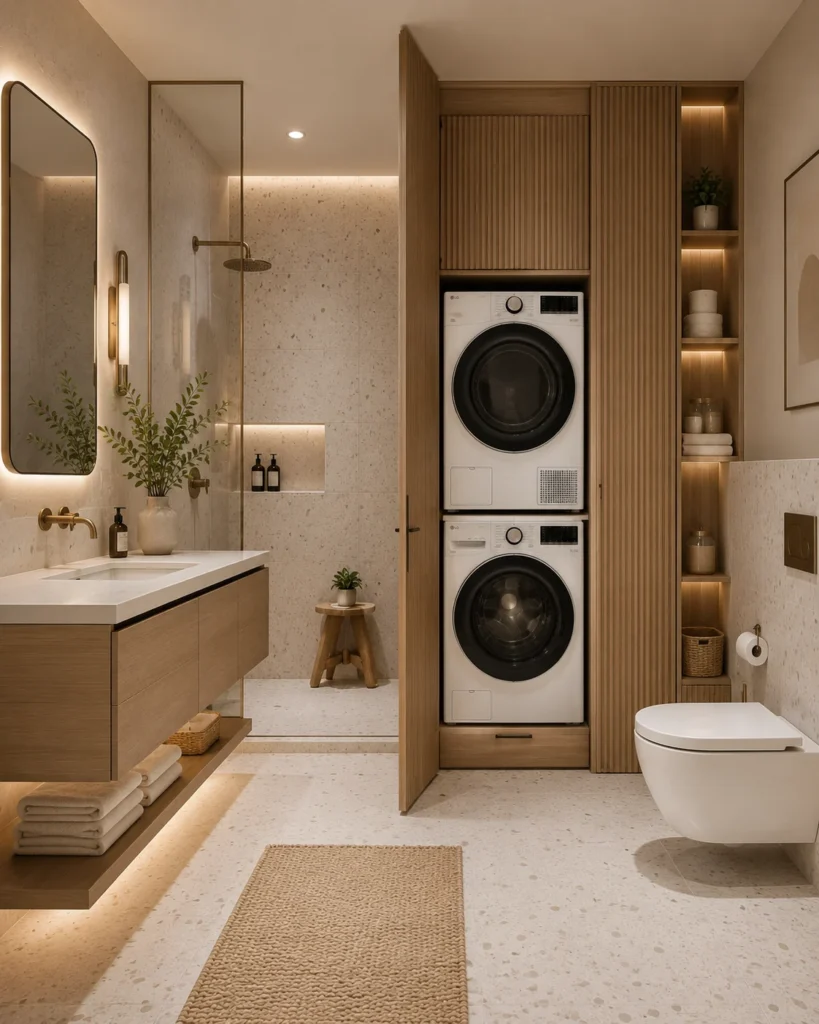 Narrow hallway laundry closet with stacked washer and dryer, overhead shelving, and compact doors.