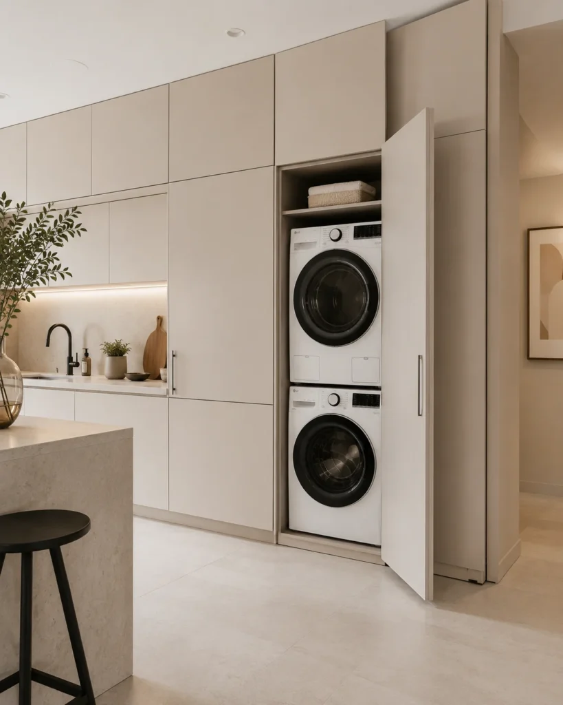 Small laundry room featuring stacked washer and dryer beside a utility sink and storage cabinet.