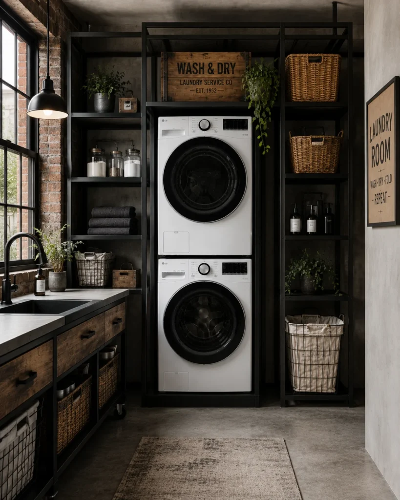 Stacked washer and dryer with nearby concealed drawer storage in a compact laundry room.