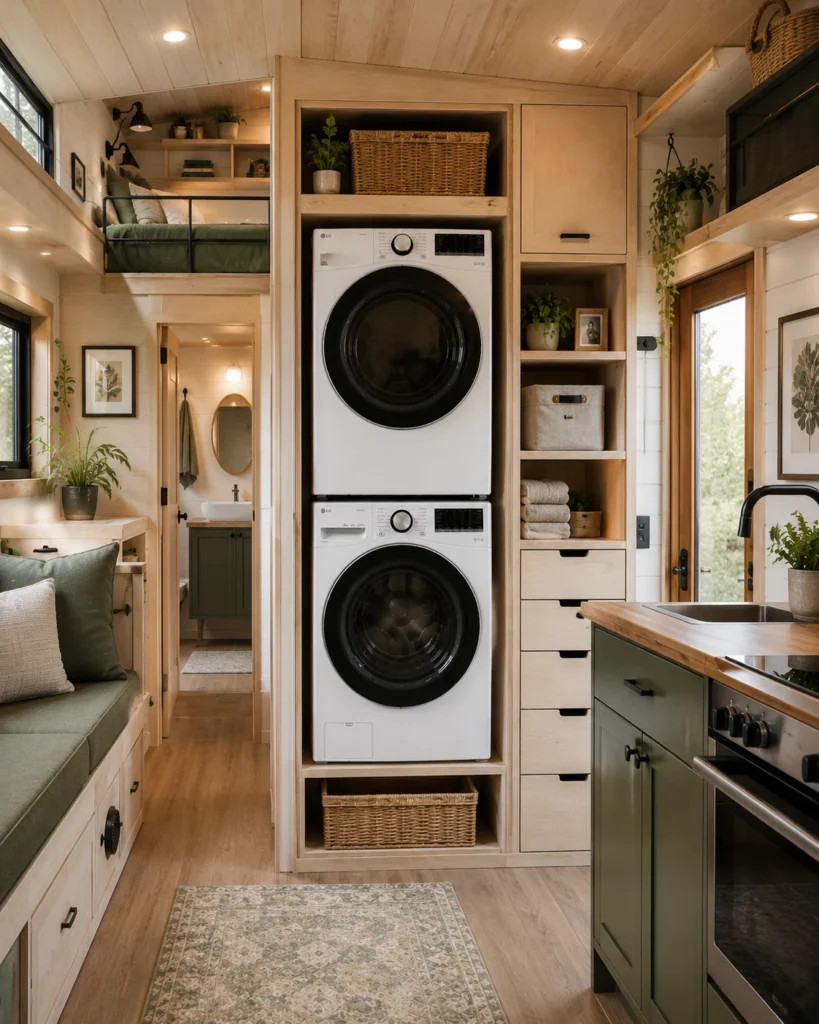 Small bathroom laundry area with stacked washer and dryer integrated into tall cabinetry.