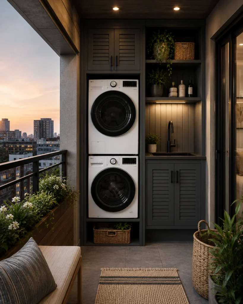 European-style laundry cupboard with stacked washer and dryer concealed behind full-height cabinet doors.