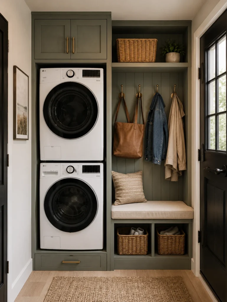 Covered balcony laundry nook with stacked washer and dryer, storage cabinet, and folding drying rack.