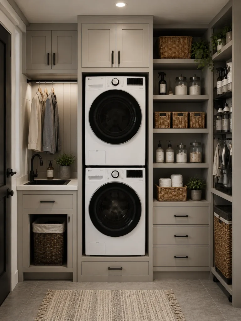 Utility laundry room with stacked washer and dryer beside a full wall of organized storage cabinets.