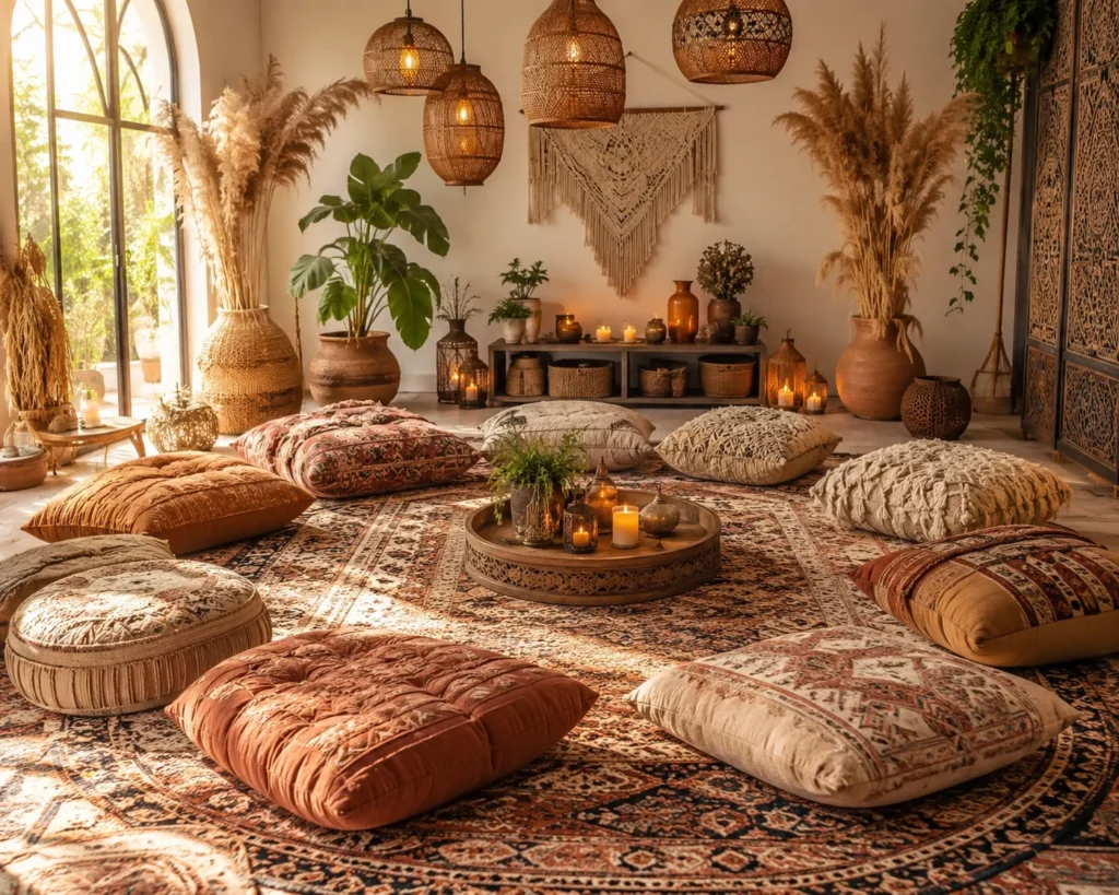 Boho living room with oversized floor cushions arranged in a conversational circle around a low central table.